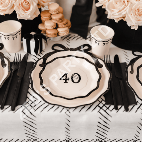 Cream & Black Hello 40 Paper Plates x 6 - 40th Birthday Party Paper Plate Cream & Black Hello 40 Paper Plates x 6